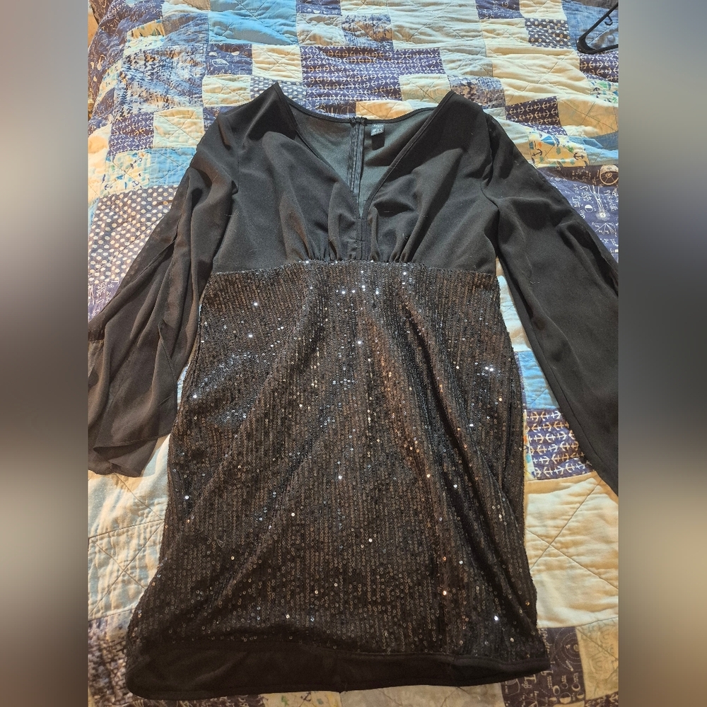 Black Sequin Dress with Sheer Sleeves